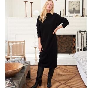 Frank & Eileen Isabelle Funnel Neck Dress Black Fleece Size Small Midi Cotton